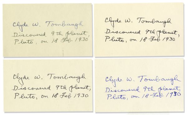 Discoverer of Planet Pluto, Clyde Tombaugh Collection of 4 Autographs -- ''...Discovered 9th planet...''