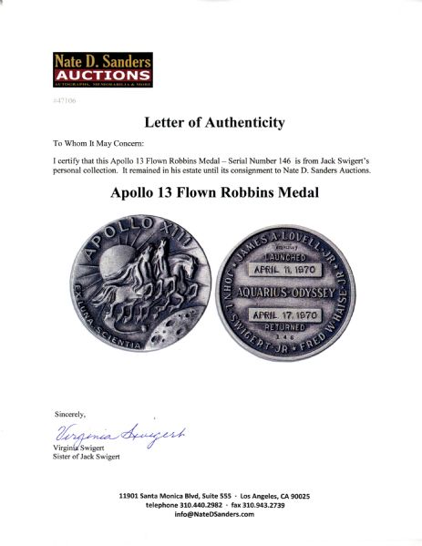 Apollo 13 Flown Robbins Medal -- From the Collection of Jack Swigert, Apollo 13 Command Module Pilot -- Serial Number 146