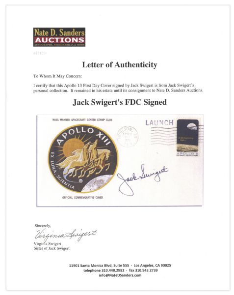 Jack Swigert's Personally Owned & Signed Apollo 13 First Day Cover -- Near Fine