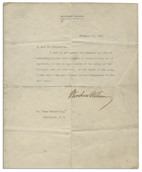 Woodrow Wilson Typed Letter Signed -- Sent Ten Days After Winning the Presidential Election in 1912