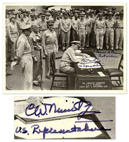 WWII Admiral Chester Nimitz Signed Photograph -- Photograph Depicts Nimitz Signing the Declaration of Japanese Surrender on 2 September 1945