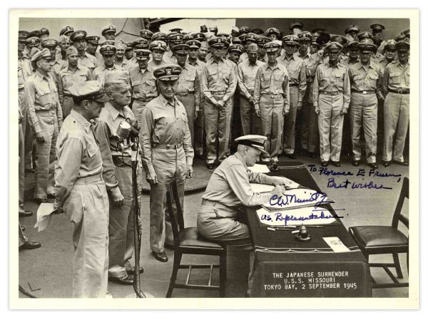WWII Admiral Chester Nimitz Signed Photograph -- Photograph Depicts Nimitz Signing the Declaration of Japanese Surrender on 2 September 1945