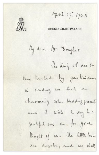 Elizabeth, the Queen Mother Autograph Letter Signed From Buckingham Palace -- ''...The King & I are so very touched by your kindness in sending us such a charming silver wedding present...''
