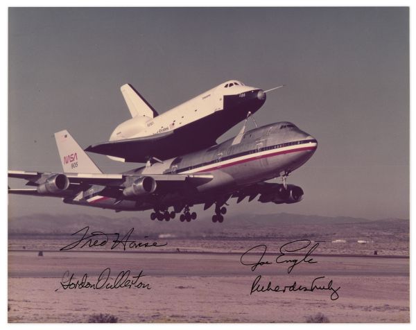 8'' x 10'' Photo Signed by Fred Haise, Joe Engle, Gordon Fullerton & Richard Truly -- The Men Who Performed the Approach & Landing Tests for Space Shuttle Enterprise