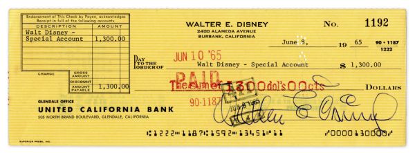 Walt Disney Signed Check -- Signed ''Walter E. Disney'' in His Unique Style
