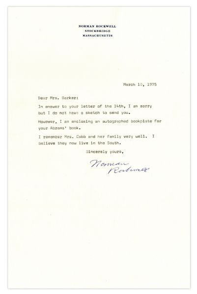 Norman Rockwell Typed Letter Signed -- ''...I do not have a sketch to send you...''