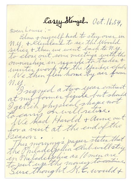 Casey Stengel Autograph Letter Signed -- ''...in regards to trades & winter work for the Yankee club...I signed a two year contract at my former figure...''
