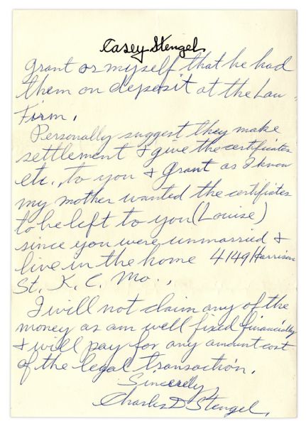 Casey Stengel Autograph Letter Signed -- ''...in regards to trades & winter work for the Yankee club...I signed a two year contract at my former figure...''