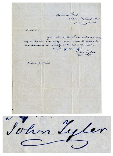 John Tyler Autograph Letter Signed -- Sent From Tyler's Sherwood Forest Plantation in 1850