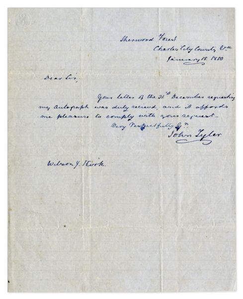 John Tyler Autograph Letter Signed -- Sent From Tyler's Sherwood Forest Plantation in 1850