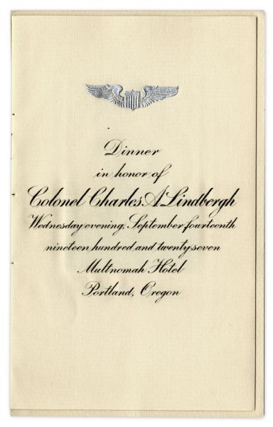 Charles Lindbergh Signed Program From Celebratory Dinner Held in Portland, Oregon on 14 September 1927
