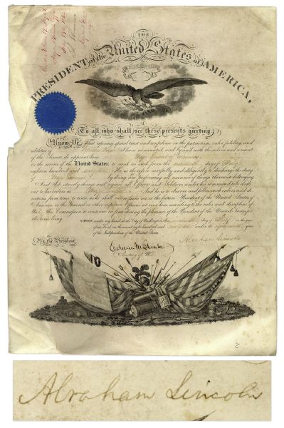 Abraham Lincoln Military Document Signed From 1862 -- Lincoln Appoints William ''Bull'' Nelson as Major General -- Nelson Was Famously Murdered by Union General Jefferson C. Davis
