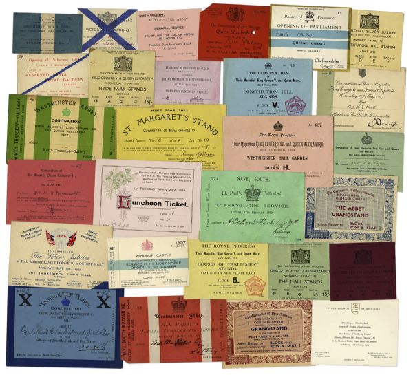 Lot of 29 British Royalty Tickets to Various Events -- Includes Tickets to the Coronations of King George V & VI, King Edward VII And Queen Elizabeth II