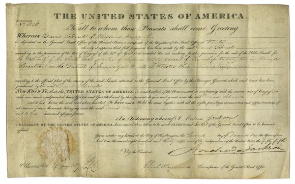 President Andrew Jackson Land Grant Signed in 1830
