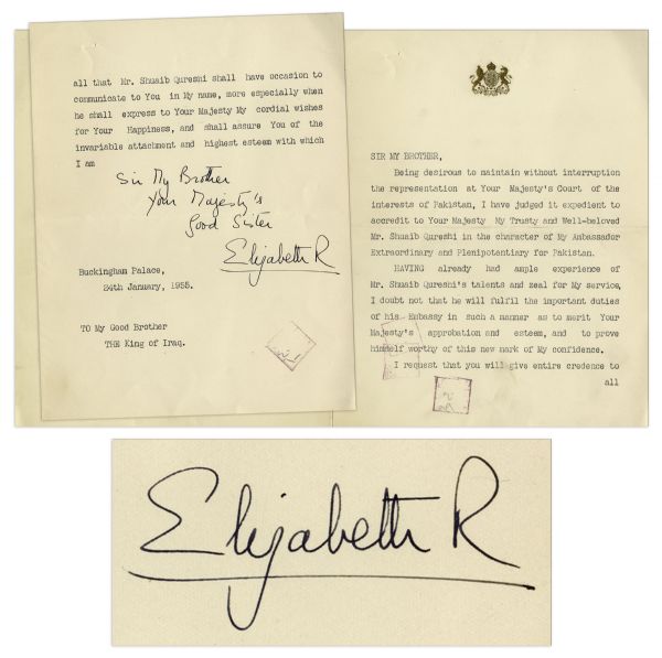 Queen Elizabeth II Typed Letter Signed -- Sent to King Faisal II of Iraq on 24 January 1955 -- ''...I have judged it expedient to accredit to Your Majesty My Trust...''