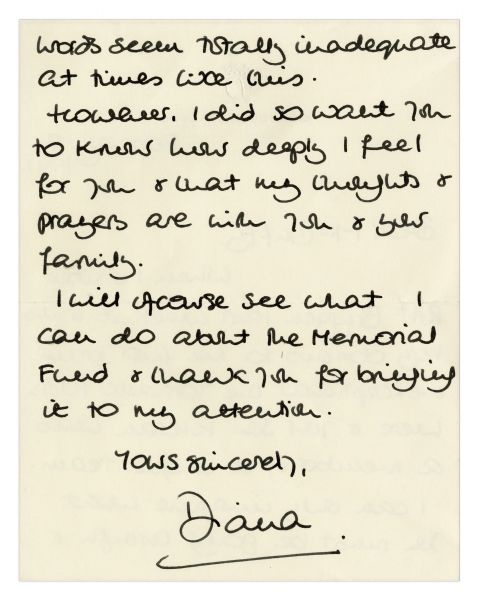Princess Diana Autograph Letter Signed in 1991 -- Addressed to the Mother of First Pilot Killed in The Gulf War ''...words seem totally inadequate at times like this...'' With COA From PSA/DNA