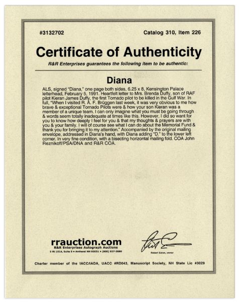 Princess Diana Autograph Letter Signed in 1991 -- Addressed to the Mother of First Pilot Killed in The Gulf War ''...words seem totally inadequate at times like this...'' With COA From PSA/DNA