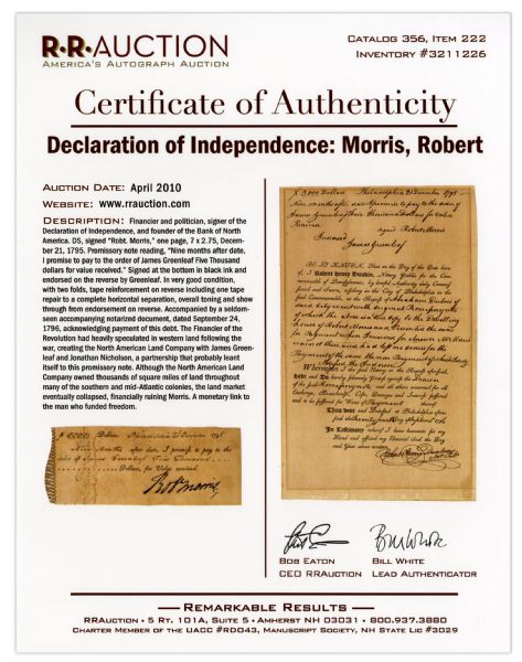 Declaration of Independence Signer Robert Morris Signed Note