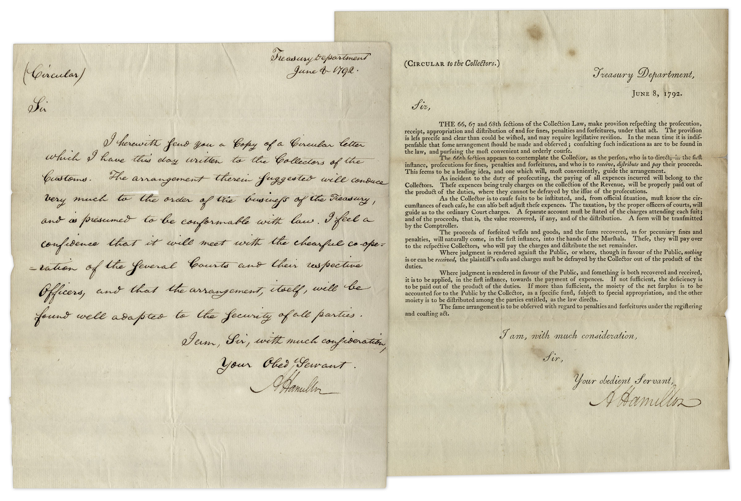 Alexander Hamilton autograph Alexander Hamilton Letters Signed Discussing Collection Law -- ''...I feel a confidence that it will meet with the chearful co-operation of the several courts...''