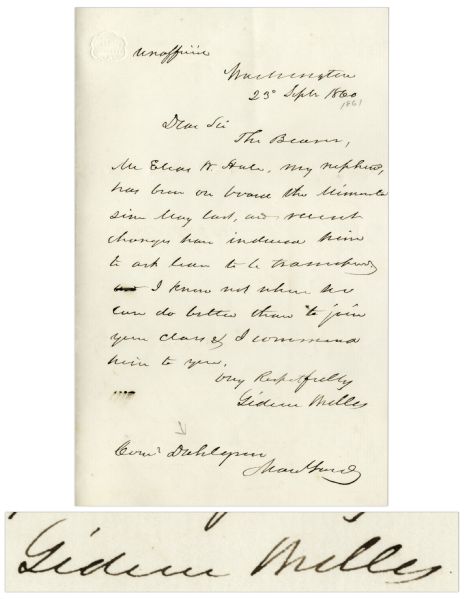 Gideon Welles Autograph Letter Signed -- ''...I know not when he can do better than to join your class & I command him to you...''