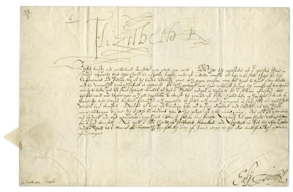 Richard III Autograph Queen Elizabeth I Document Signed From 1599 -- Concerning the Need for More Troops During the Nine Years War -- With Very Large ''Elizabeth R'' Signature