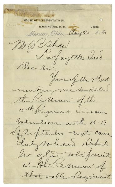 James Garfield Autograph Letter Signed in 1880 -- ''...I should be glad to be present at the reunion of that noble regiment which did such gallant service...''