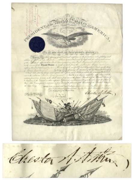 Chester Arthur Military Appointment Signed as President in 1882 -- Countersigned by Robert Lincoln, Abraham Lincolns Son