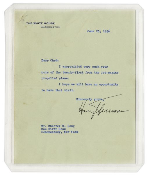 Harry Truman Typed Letter Signed in 1946 as President -- ''...I appreciated very much your note of the twenty-first from the jet-engine propelled plane...''