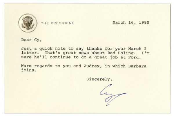 George H.W. Bush Typed Letter Signed as President -- ''...I'm sure he'll continue to do a great job at Ford...''