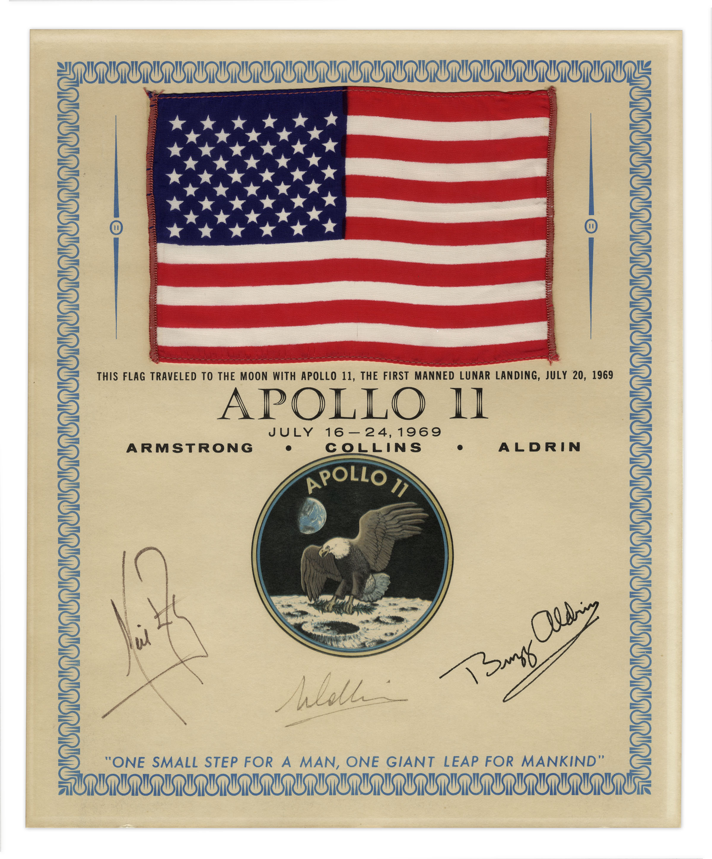Exceptionally Scarce Apollo 11 Flag Flown to the Moon -- Signed by Armstrong, Aldrin & Collins