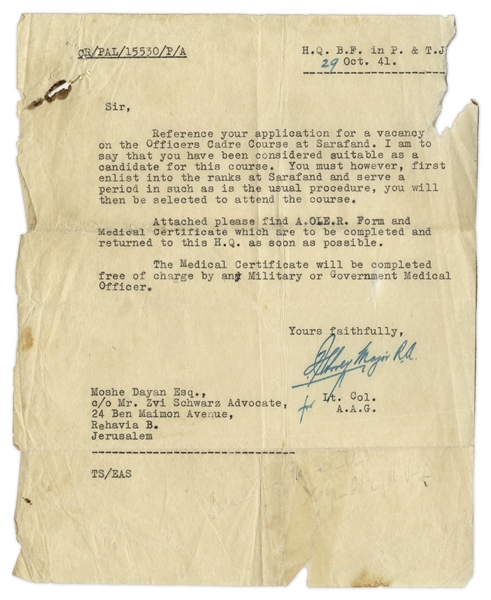 Moshe Dayan Archive of Signed Letters & Documents Related to the Famous Loss of His Eye -- Israeli War Hero Asks to be Restored to Active Duty ''...although I have lost one of my eyes...''