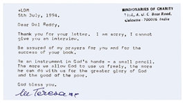 Mother Teresa Typed Letter Signed -- ...Be an instrument in Gods hands - a small pencil...