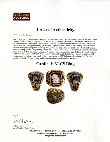 St. Louis Cardinals 1985 National League Championship Ring --  Awarded to Longtime National League President Charles Chub Feeney