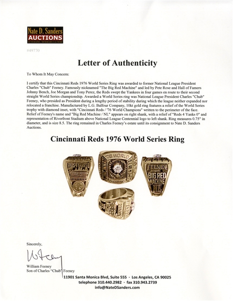 Cincinnati Reds Big Red Machine 1976 World Series Ring -- Awarded to Longtime National League President Charles Chub Feeney -- One of The Best Teams Ever