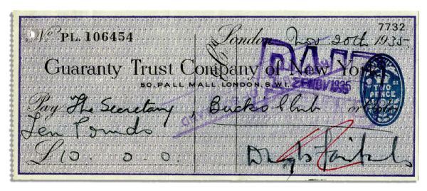 Douglas Fairbanks, Sr. Signed 1935 Check to the Buck's Club -- A Gentlemen's Club in London
