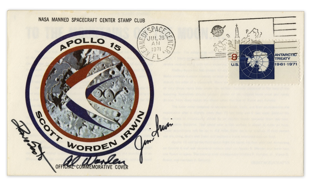 Apollo 15 Crew-Signed Astronaut Insurance Cover -- Signed ''Al Worden'', ''Dave Scott'' & ''Jim Irwin'' -- Cancelled 26 July 1971 -- 6.5'' x 3.75'' -- Near Fine -- With COA From Worden