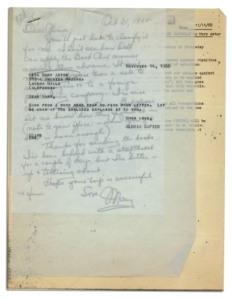 Mary Astor Autograph Letter Signed -- Regarding Astor's Book, ''A Place Called Saturday''