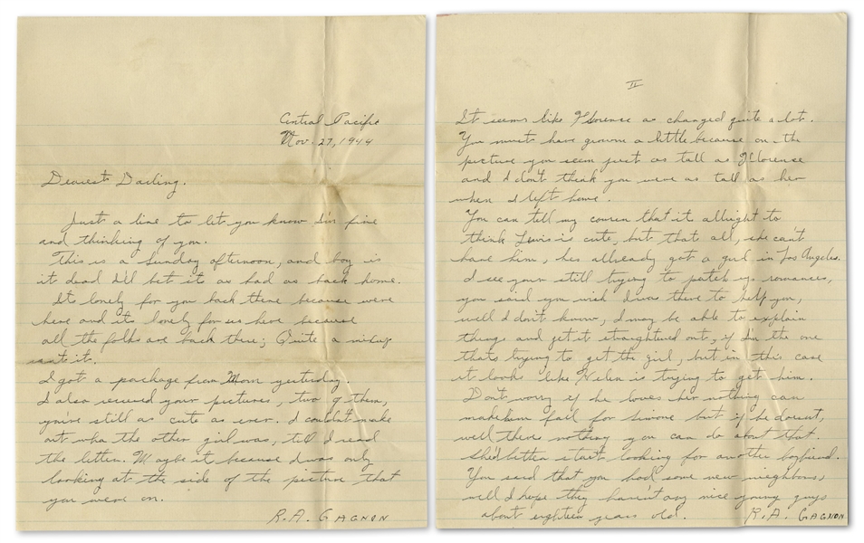 Rene Gagnon Autograph Letter Signed 5 Times -- From the Central Pacific 3 Months Before Iwo Jima -- ''...you don't have to worry...there are a few white American girls, but there about 50...''