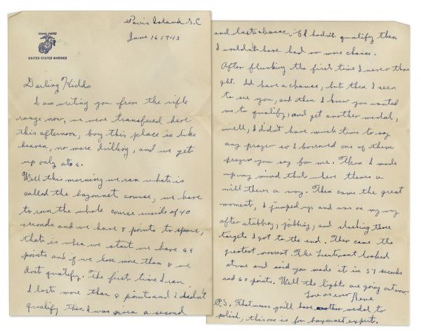 Iwo Jima ''Flag Raiser'' Rene Gagnon 1943 Autograph Letter Signed -- ''...I jumped up and was on my way after stabbing, jabbing and slashing the target I got to the end...''