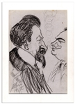 Large 8.5 x 12 Self-Portrait Sketch of & by Enrico Caruso -- Shows Caruso With French Bass Pol Plancon