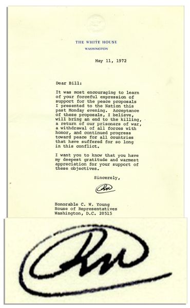 President Nixon 1972 Letter Signed Regarding Vietnam -- ''...these proposals...will bring an end to the killing, a return of our prisoners of war, a withdrawal of all forces...''