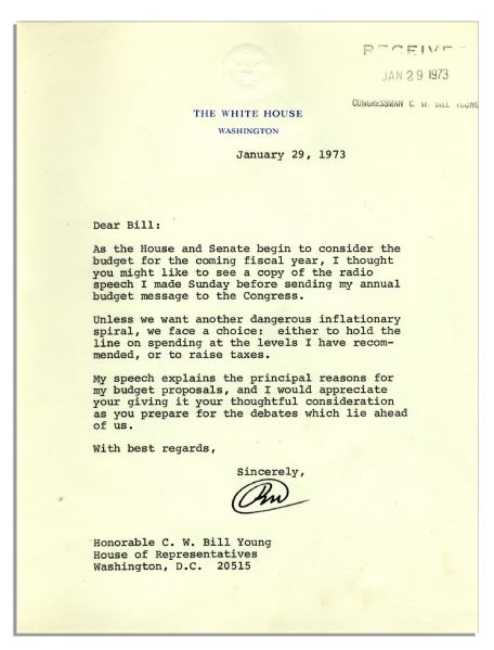 Richard Nixon Typed Letter Signed as President Regarding Rampant Inflation of the 1970's -- ''...Unless we want another dangerous inflationary spiral, we...hold the line on spending...''