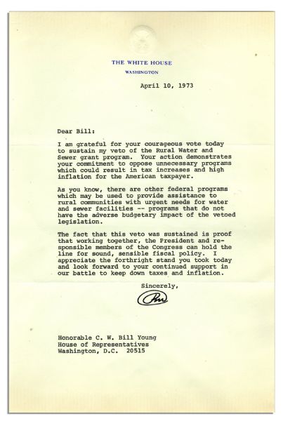 Richard Nixon Typed Letter Signed as President From 1973 -- ''...oppose unnecessary programs which could result in tax increases and high inflation for the American taxpayer...''