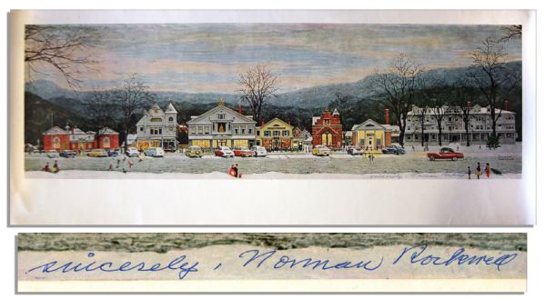 Master of Americana, Norman Rockwell Signed Print of His Well-Known Piece ''Stockbridge Main Street at Christmas''
