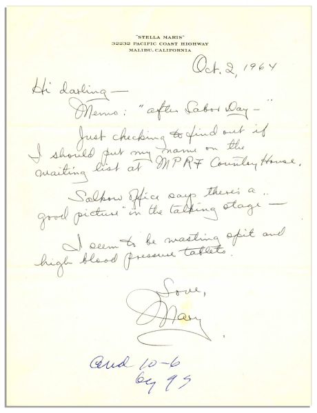 Mary Astor Autograph Letter Signed ''...I seem to be wasting spit and high blood pressure tablets...''