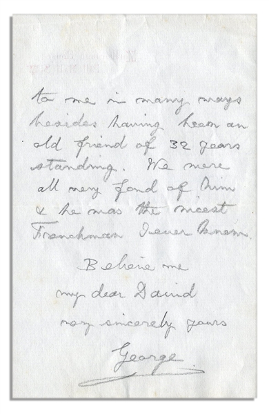 King George V Autograph Letter Signed -- ''...he was the nicest Frenchman I ever knew...''