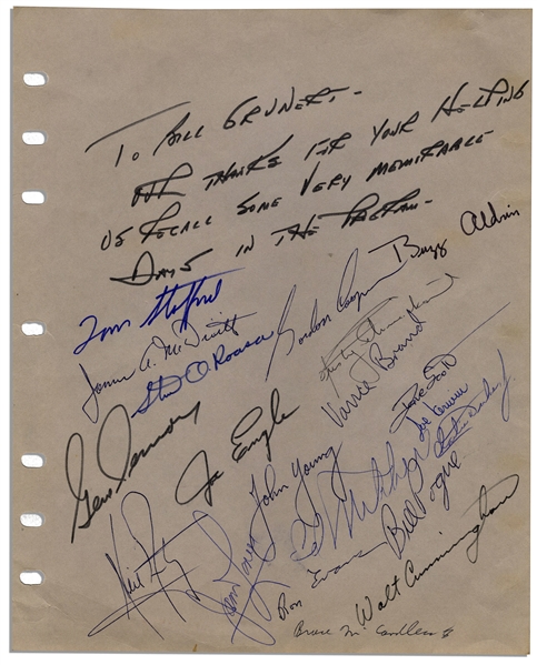 Page Signed by a Multitude of Apollo Astronauts Including Neil Armstrong, Charlie Duke & More -- With 19 Signatures in Total