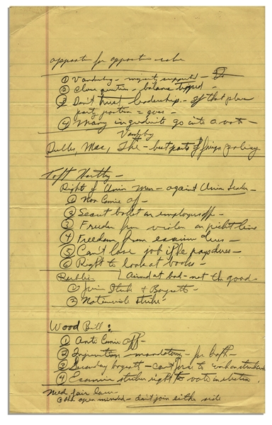 Richard Nixon Handwritten & Personal Notes From 1958 -- Discusses His Views on Organized Labor -- ''Opposition For Opposition Sake''