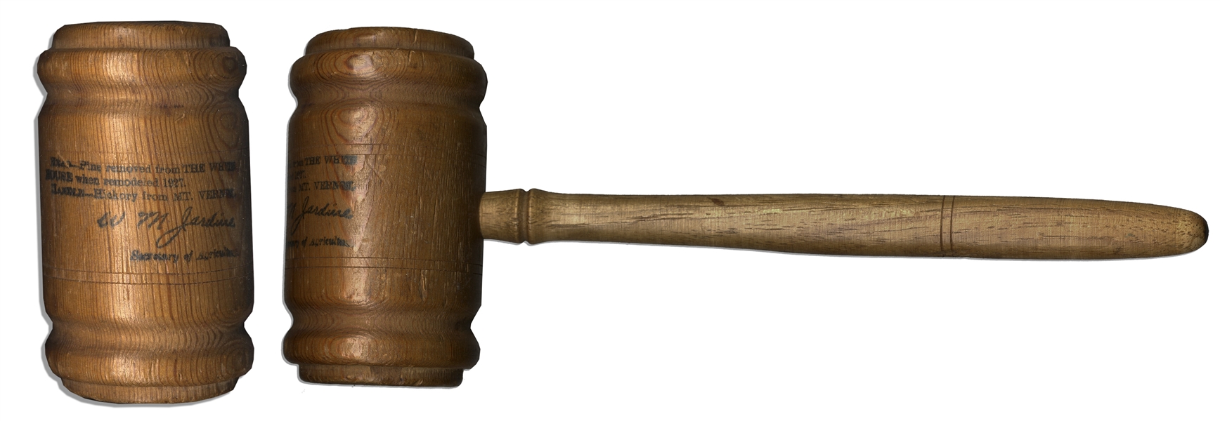 Presentation Gavel Made of Pine Wood From the White House & Hickory From Mount Vernon -- Circa 1928
