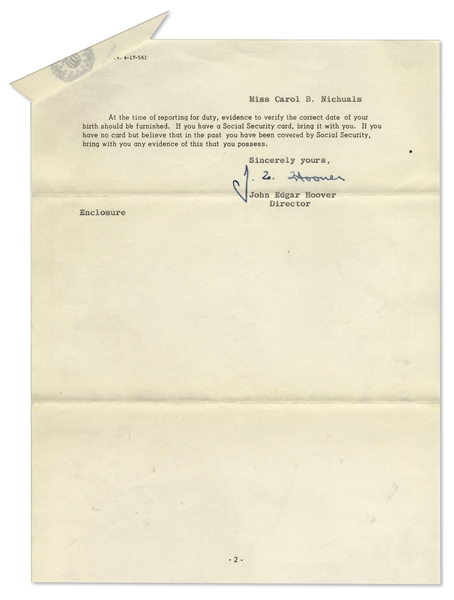 F.B.I Director J. Edgar Hoover Typed Letter Signed on FBI Stationery